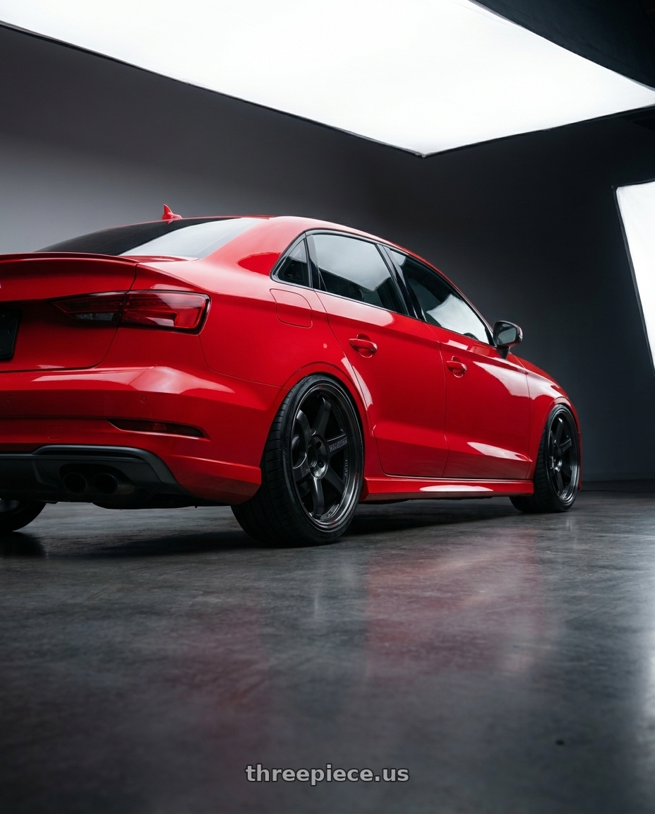 2017 Audi S3 with Volk Racing TE37SL 5x112 19x10.5 +35 FLAT BLACK wheels rear three quarter view extreme stretch tires