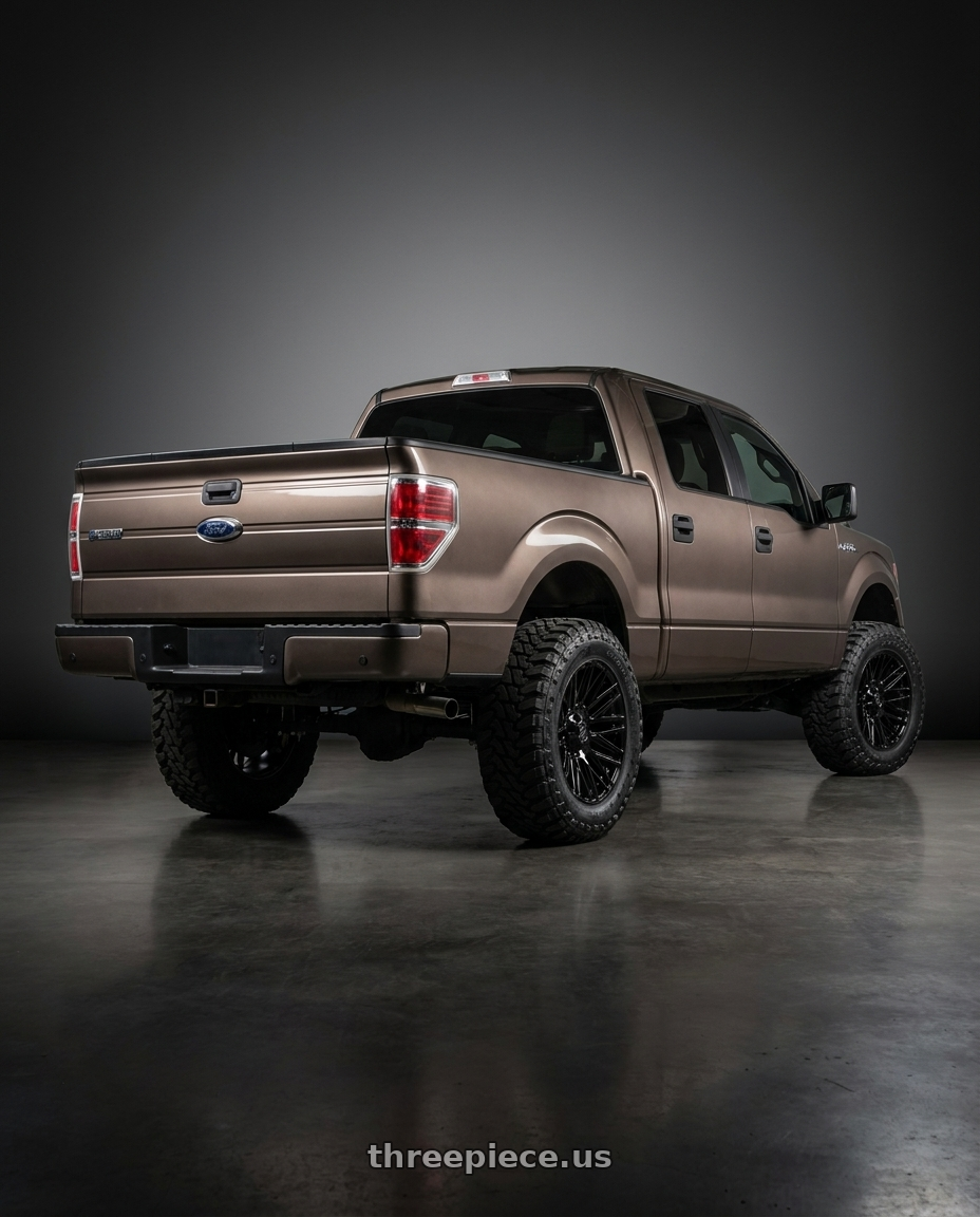 2013 Ford F-150 with Gear Off Road 770B 6X135/6x139.7 22x10 +10 Gloss Black wheels rear three quarter view meaty tires