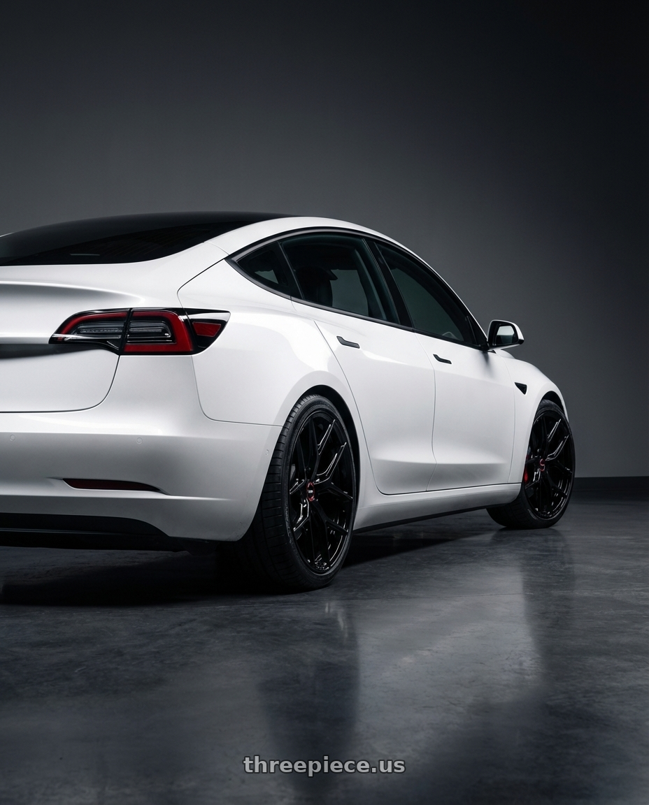 2023 Tesla Model 3 with Vossen HF-5 19x8.5 / 5x114.3 / ET32 / Flat Face / 73.1 - Gloss Black Wheel - HF5-9N60 wheels rear three quarter view square tires