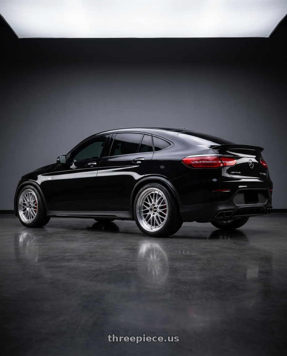 2021 mercedes glc63s with BBS LM 5x112 21x10.5 +10 Diamond Silver wheels rear three quarter view square tires