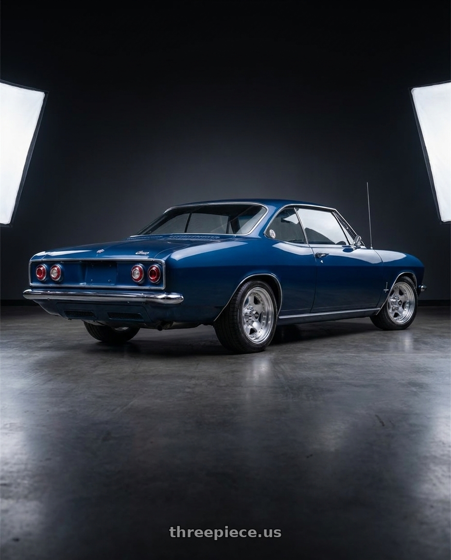 1965 Chevrolet Corvair with American Racing AR23 5X114.3 14X7 -6 MACHINED W/ CLEAR COAT wheels rear three quarter view square tires