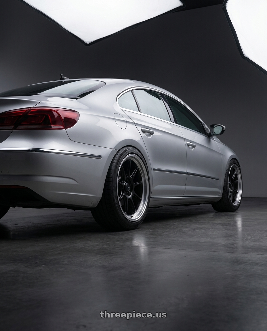 2015 Volkswagen CC with Konig Countergram 5x112 19x11+40 Matte Black / Matte Machined Lip wheels rear three quarter view square tires