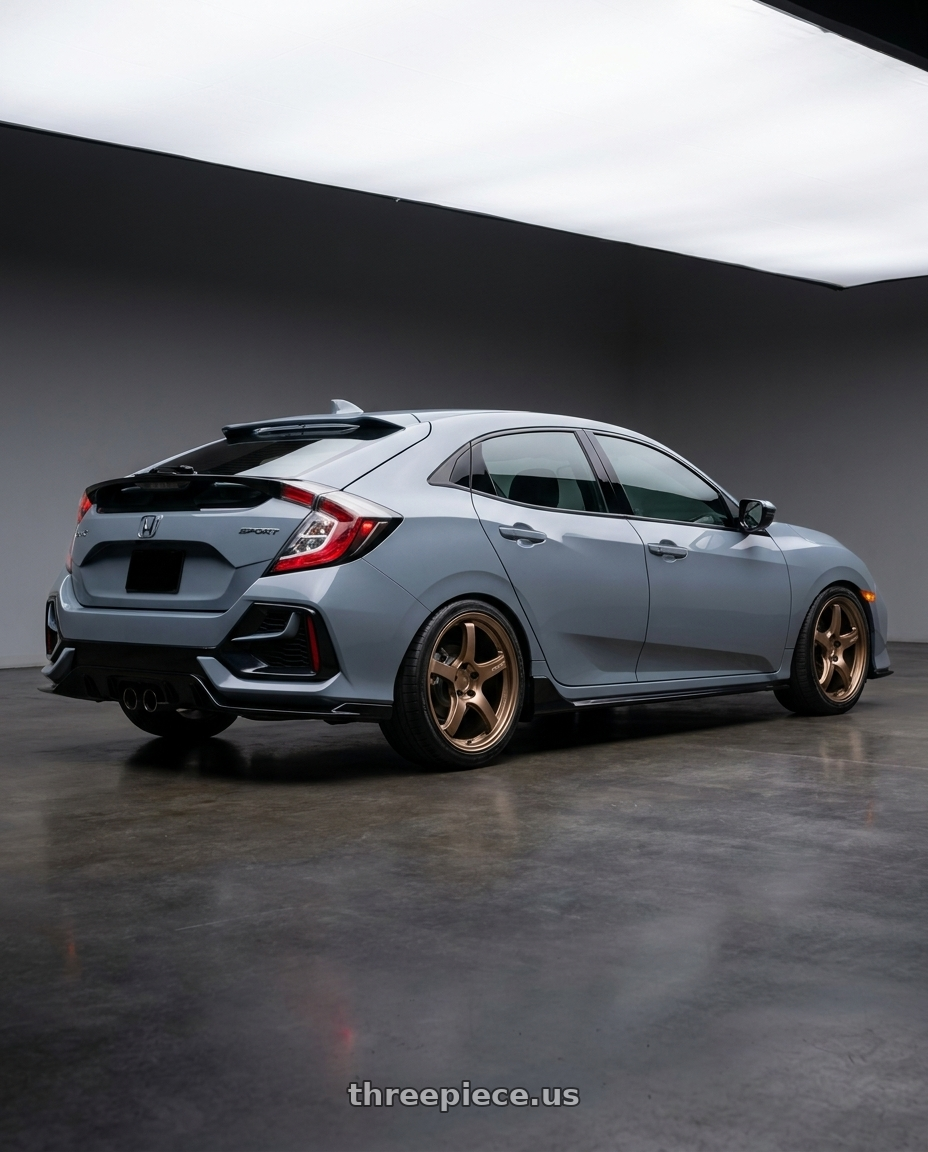 2021 Honda Civic sports hatchback with Gram Lights 57CR 5x114.3 18x9.5+38 Bronze II wheels rear three quarter view slight stretch tires