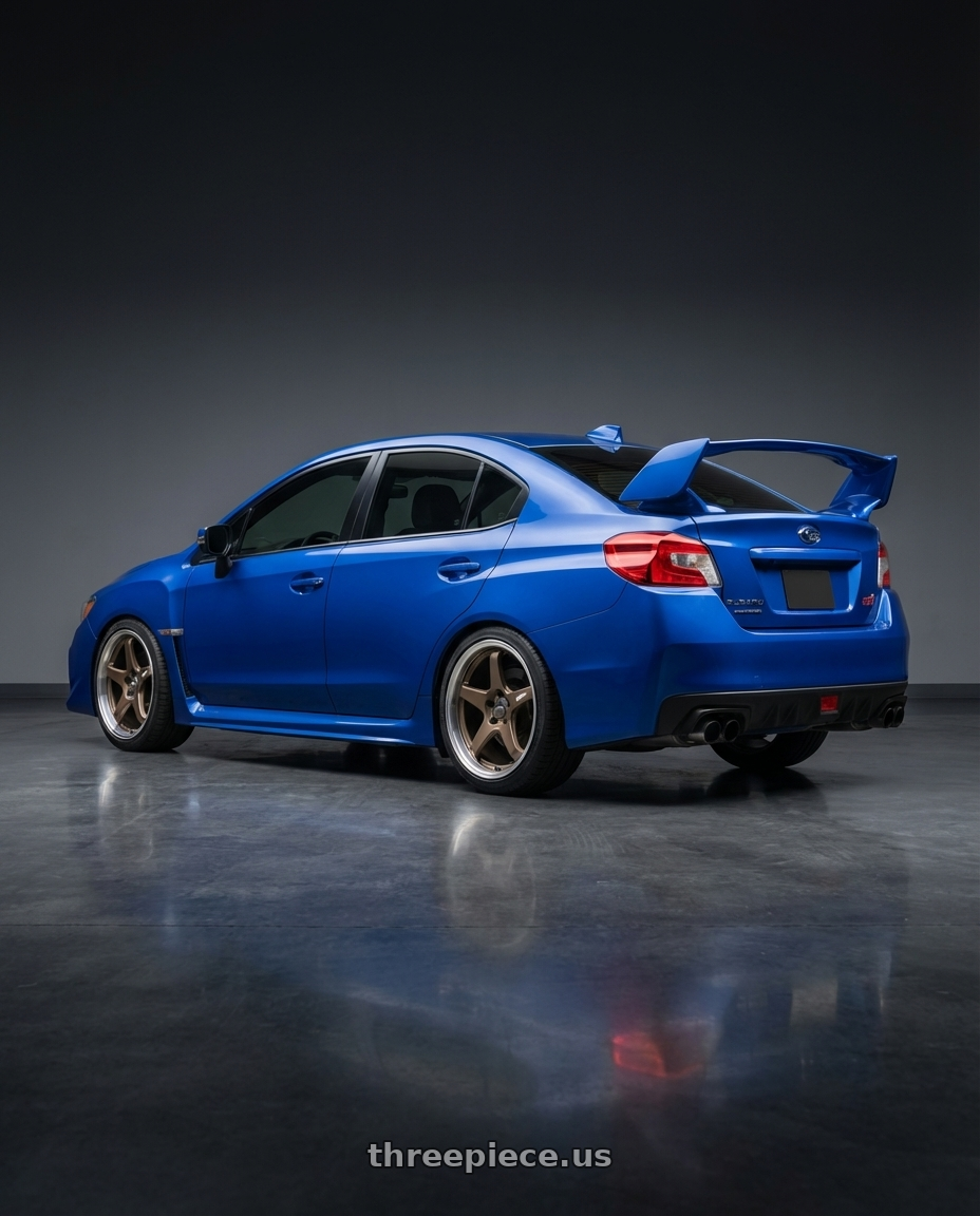 2013 Subaru WRX STI with ESR Wheels APEX SERIES AP5 5x114.3 18x8.5 +30 Matte Bronze wheels rear three quarter view square tires