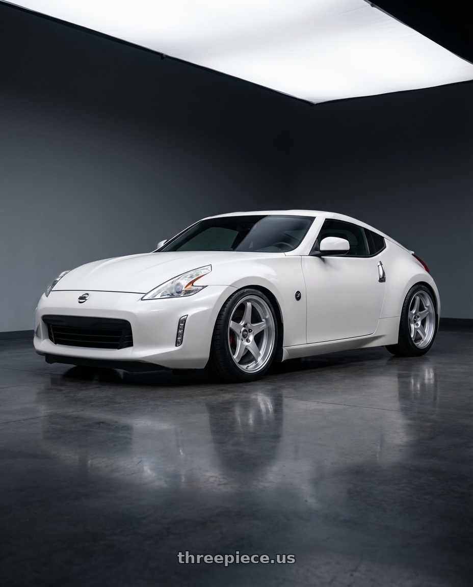 2019 Nissan 370Z with ESR Wheels APEX SERIES AP5 5x114.3 19x11 +22 Hyper Silver wheels front three quarter view lowered stance