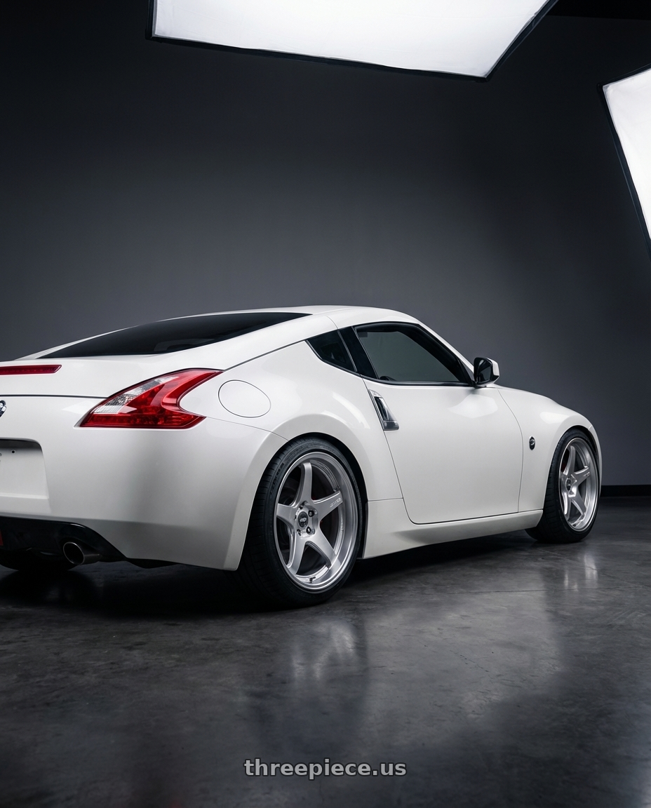 2019 Nissan 370Z with ESR Wheels APEX SERIES AP5 5x114.3 19x11 +22 Hyper Silver wheels rear three quarter view square tires