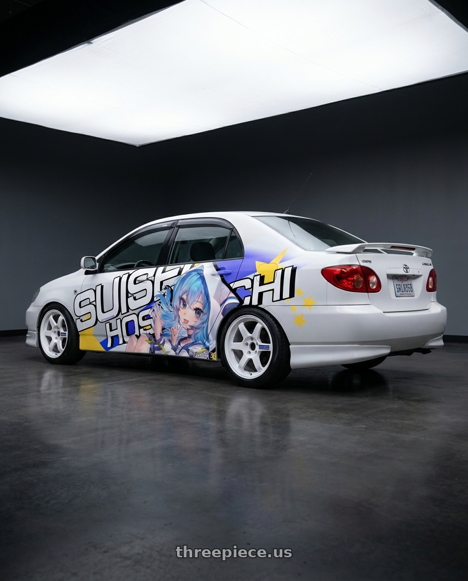 2006 corolla 9gen with Volk Racing TE37 Gravel 5x114.3 15x7.0+35 White wheels rear three quarter view slight stretch tires