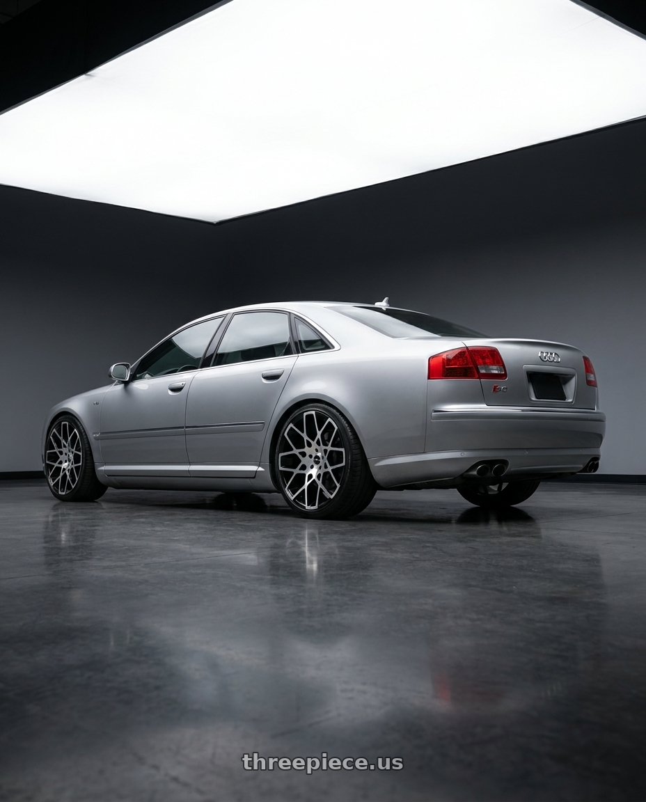 2007 Audi S8 with Strada Buca 5x115 22x9.5 +15 Gloss Black Machined wheels rear three quarter view slight stretch tires