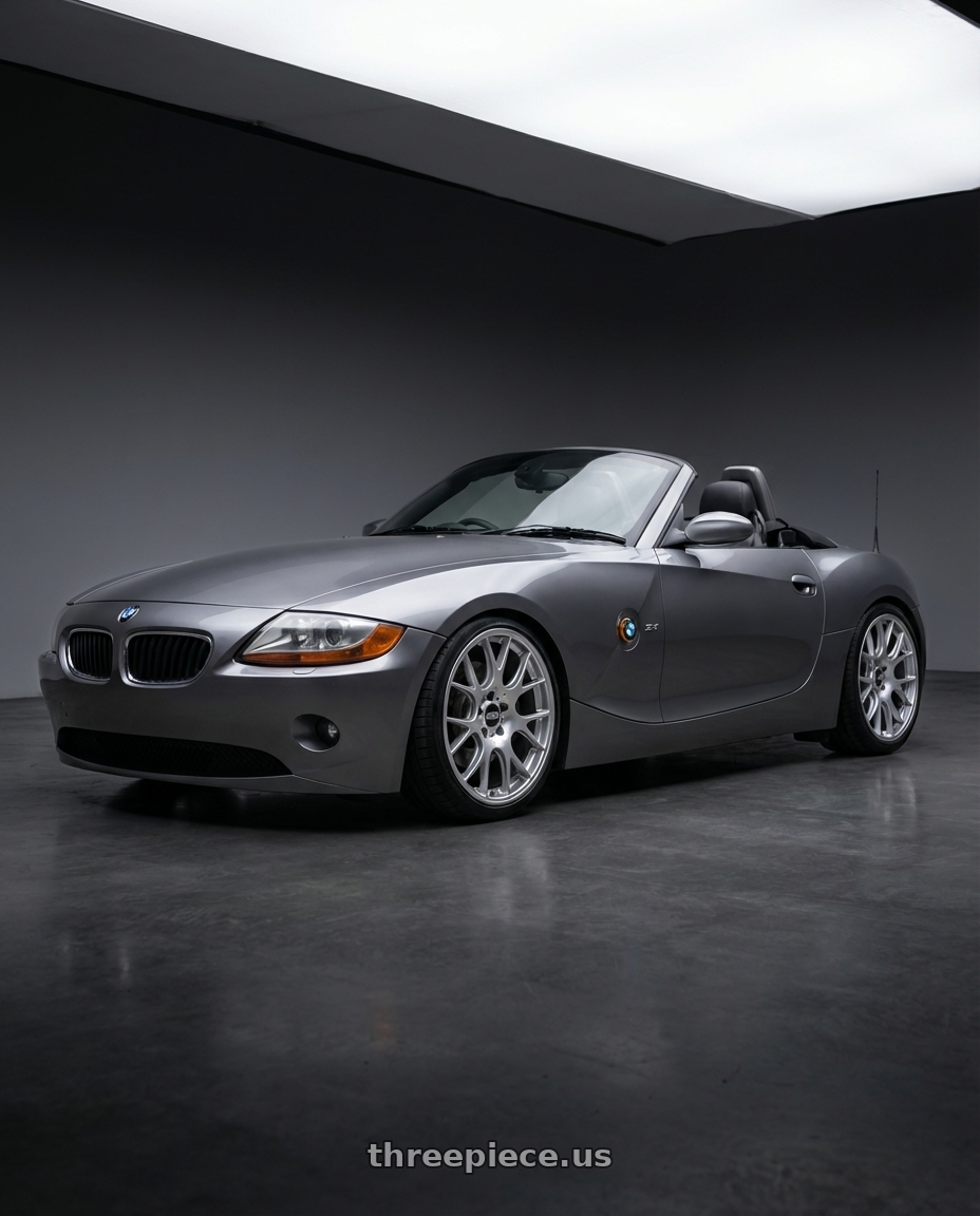 2005 BMW z4  with BBS CH-R 5x112 20x10.5 +25 Brilliant Silver Polished Rim Protector wheels front three quarter view lowered stance