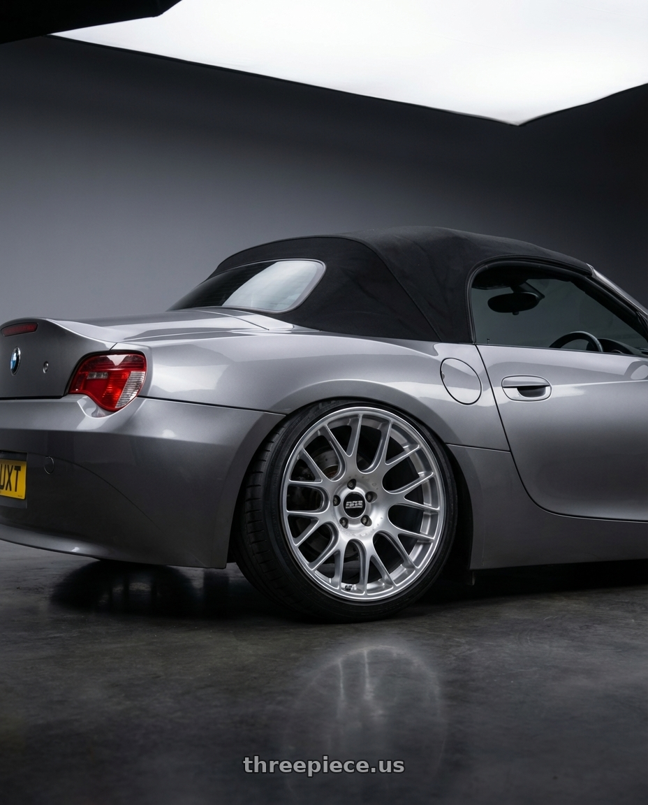 2005 BMW z4  with BBS CH-R 5x112 20x10.5 +25 Brilliant Silver Polished Rim Protector wheels rear three quarter view square tires