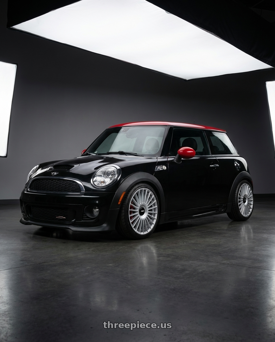 2013 mini cooper jcw with Rotiform RC202 GRZ 4X100/4X114.3 17x8 +35 GLOSS SILVER wheels front three quarter view lowered stance