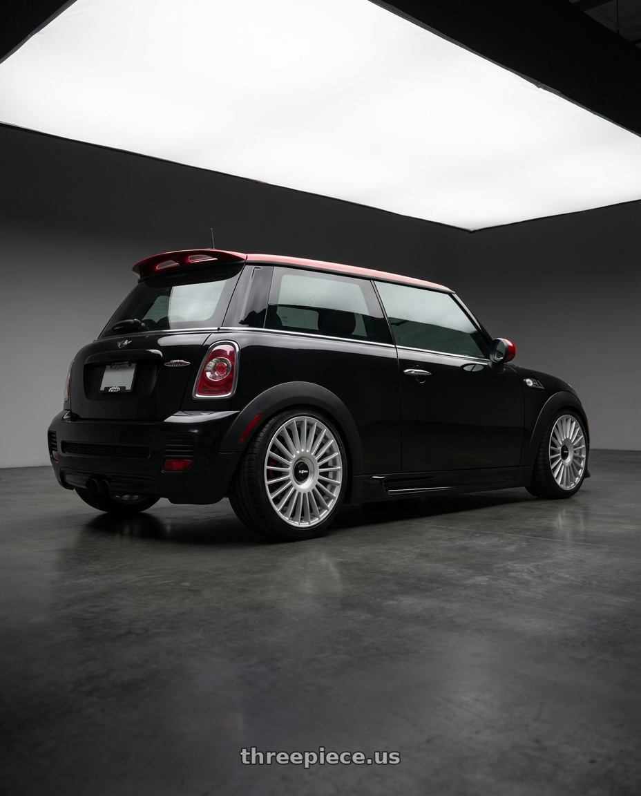 2013 mini cooper jcw with Rotiform RC202 GRZ 4X100/4X114.3 17x8 +35 GLOSS SILVER wheels rear three quarter view slight stretch tires