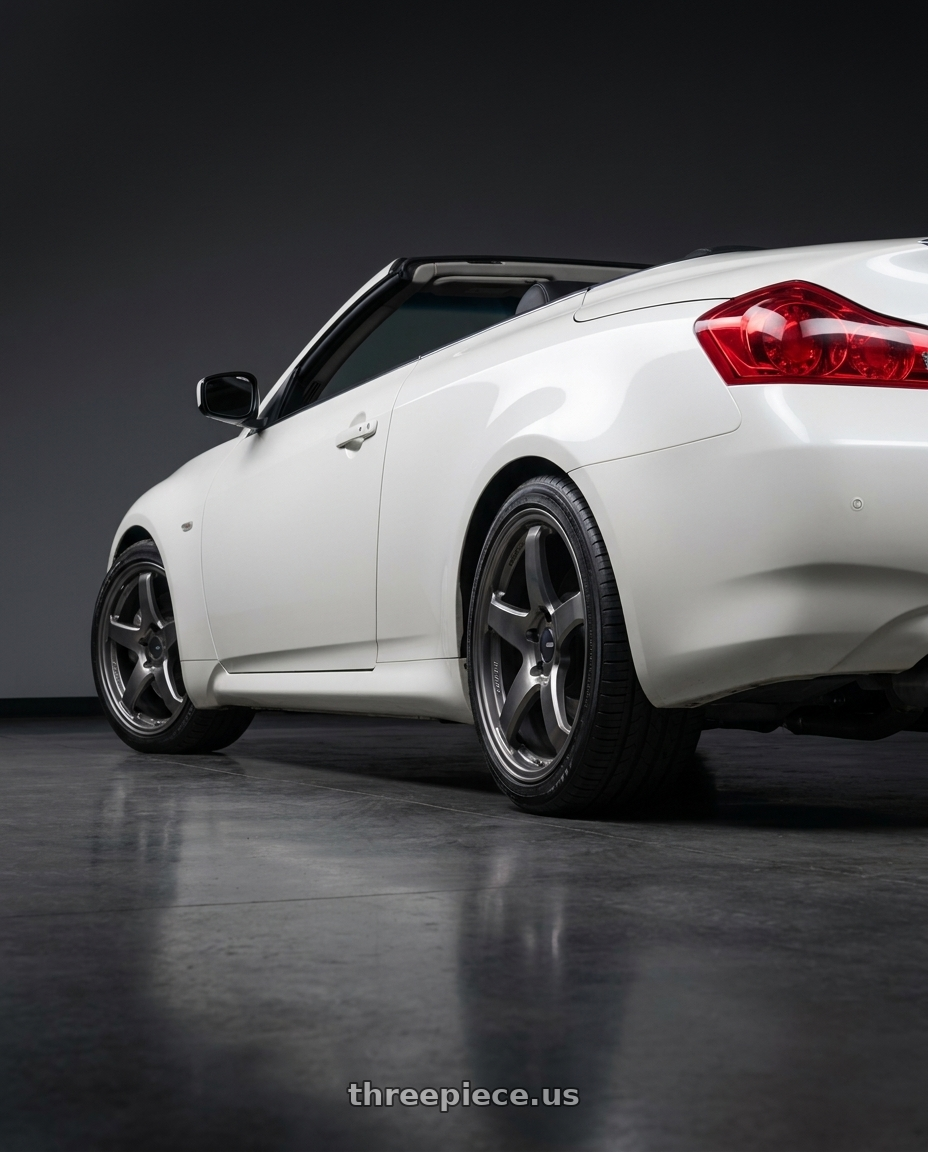 2009 G37 convertible with Enkei PF05 5x114.3 19x8.5+38 Dark Silver wheels rear three quarter view square tires