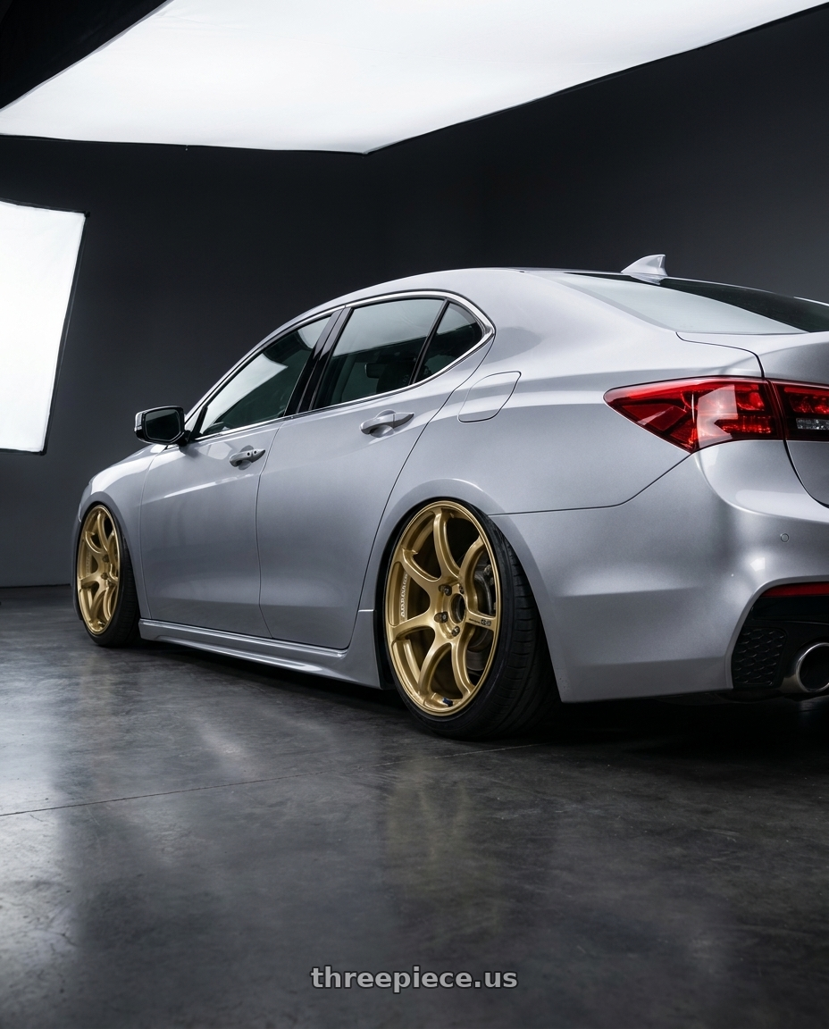 2019 Acura TLX with Advan RGIII 5x114.3 19x9.0+25 Gold wheels rear three quarter view slight stretch tires