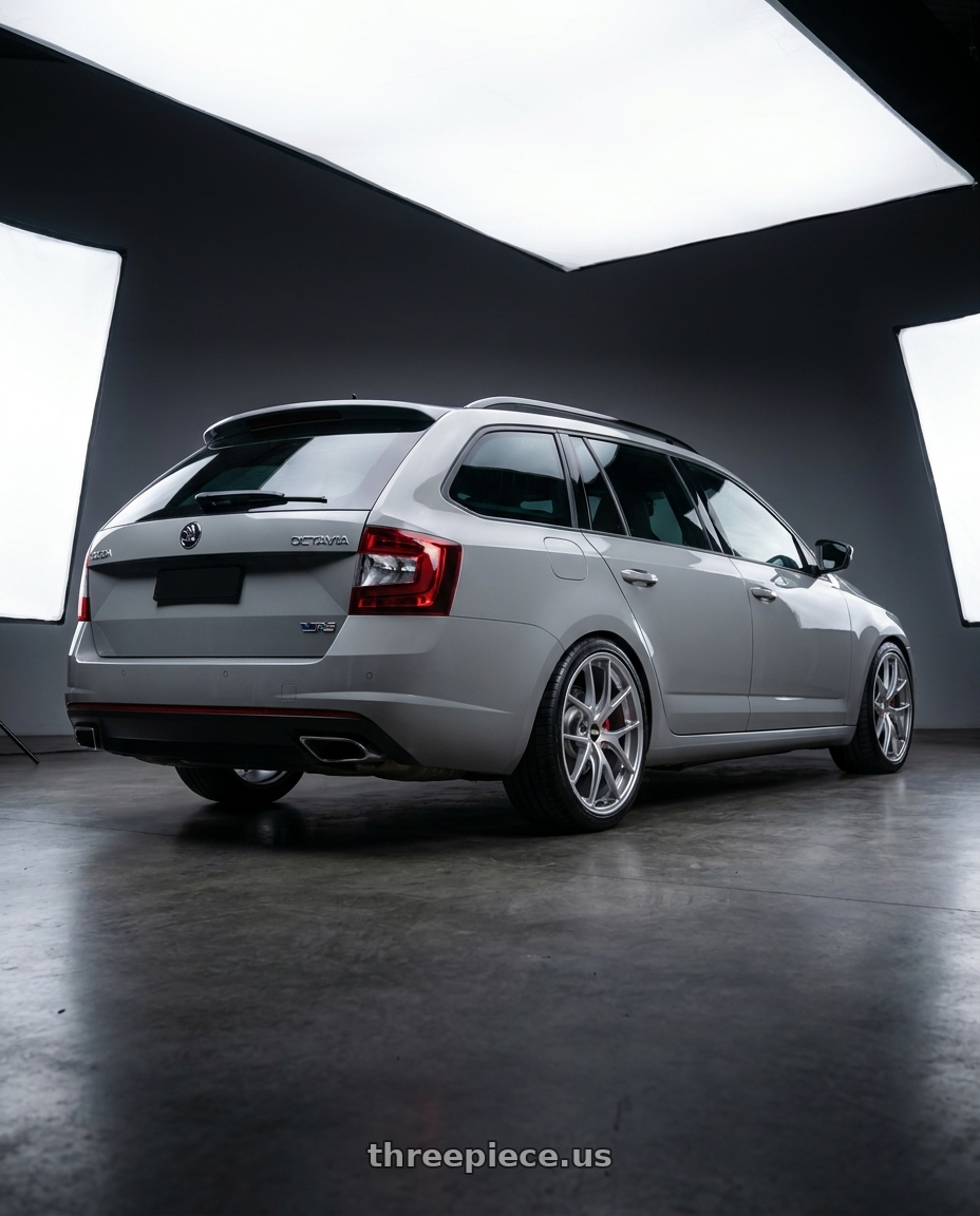 2019 Skoda Octavia vrs with BBS RI-A 5x120 18x9.5+23 Diamond Silver wheels rear three quarter view square tires