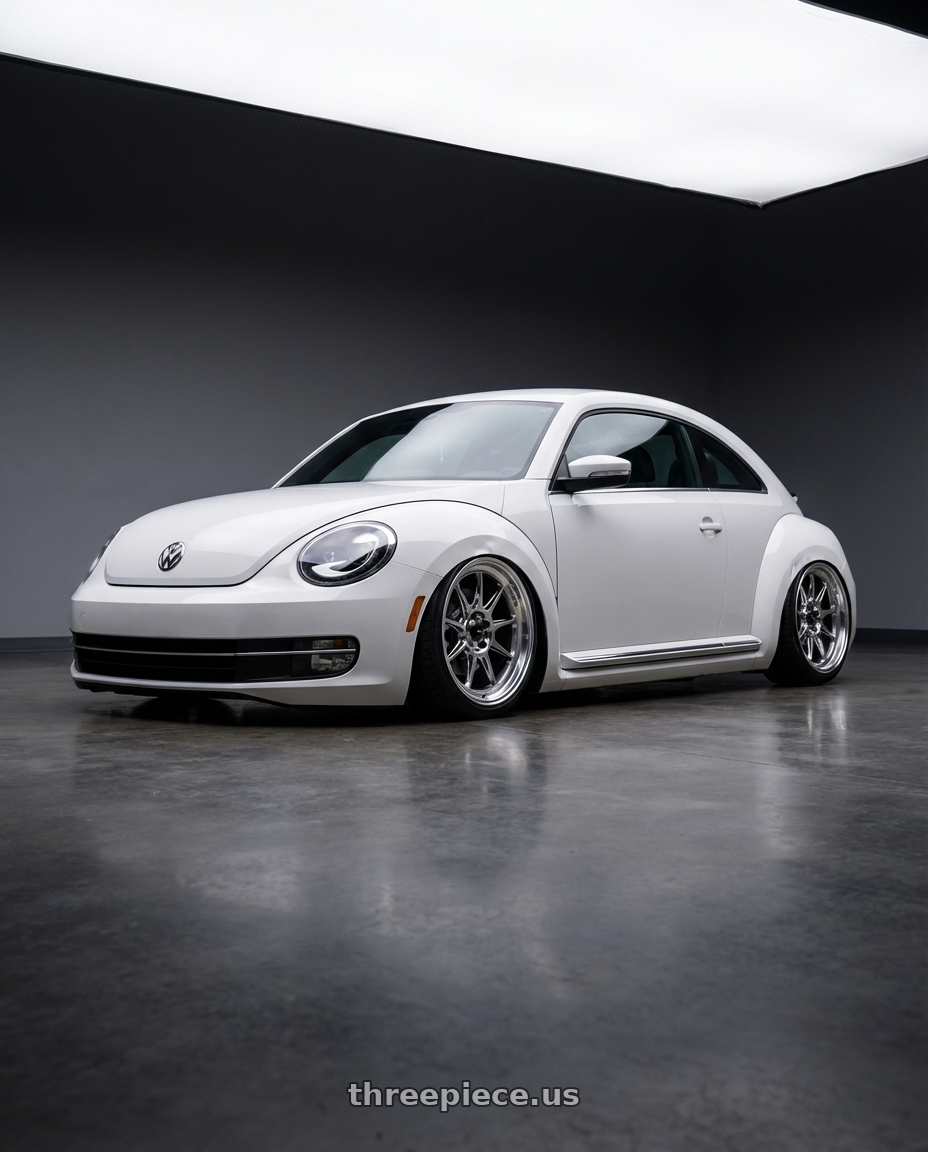 2016 Volkswagen Beetle Turbo with Konig Countergram 5x112 19x8.5+43 Hyper Chrome / Machined Lip wheels front three quarter view stanced stance