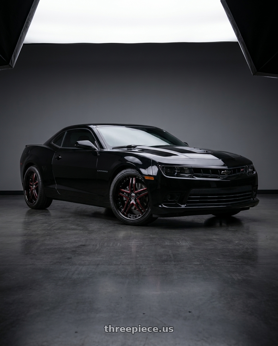 2015 Chevrolet Camaro SS Coupe with MARQUEE WHEELS M5329 5x120 20x9+25 BLACK / RED MILLING wheels