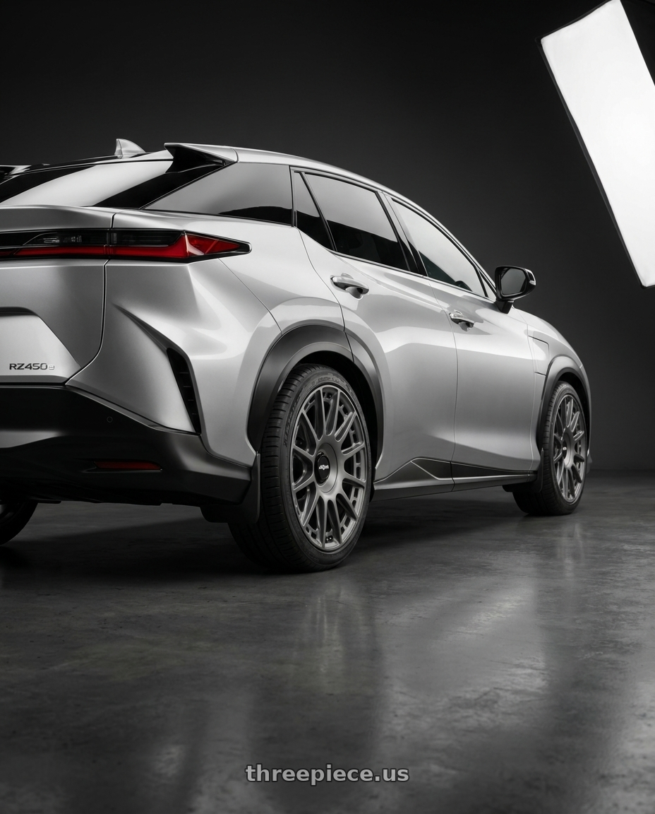 2026 Lexus rz450e with Rotiform 741 5x114.3 22x12 +47 MATTE ANTHRACITE wheels rear three quarter view square tires