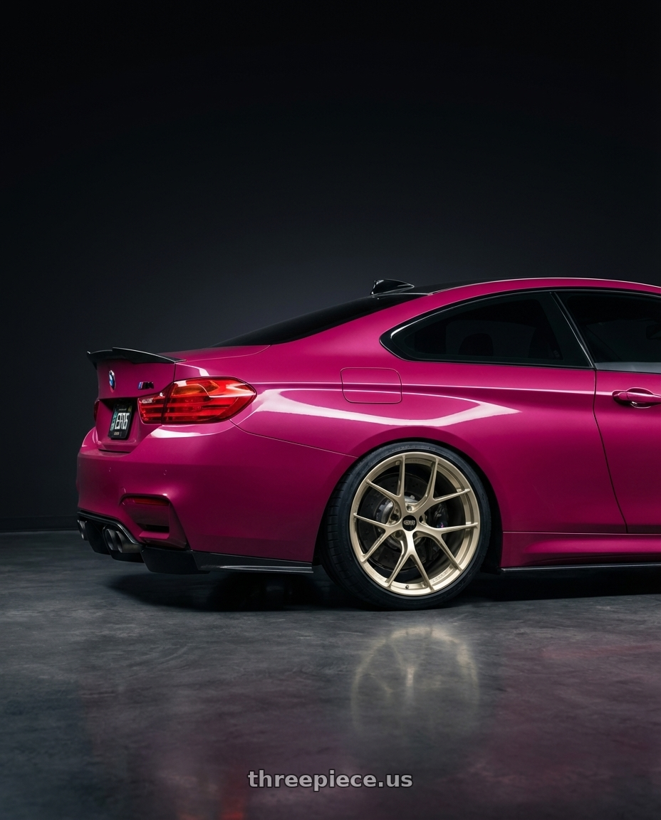 2015 bmw m4 coupe rubystar with BBS FI-R Evo 5x112 19x9.5+15 White Gold wheels rear three quarter view square tires