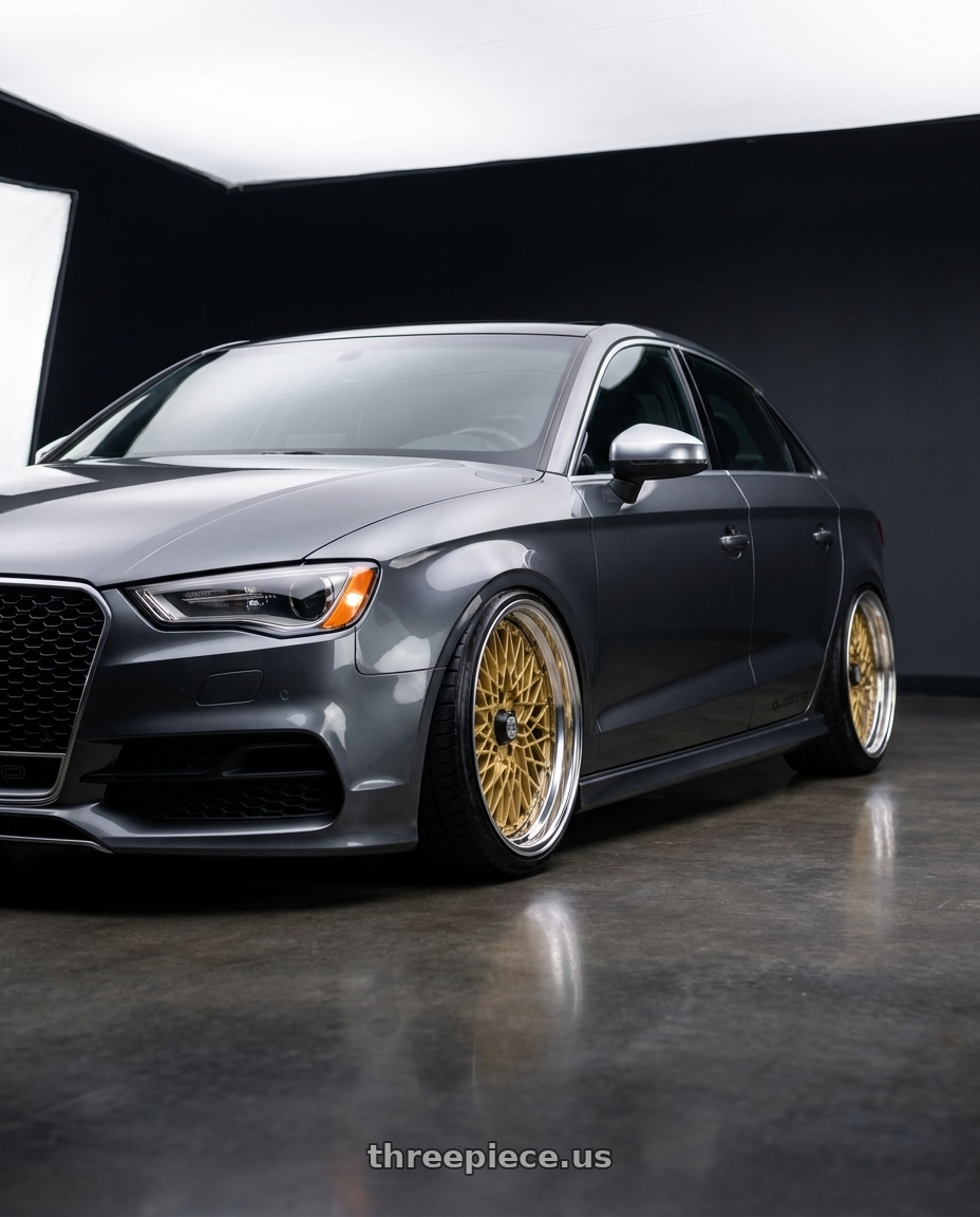 2017 Audi RS3 with SSR Formula MESH 5x112 19X11+37 SL Disk Fm Gold wheels front three quarter view lowered stance