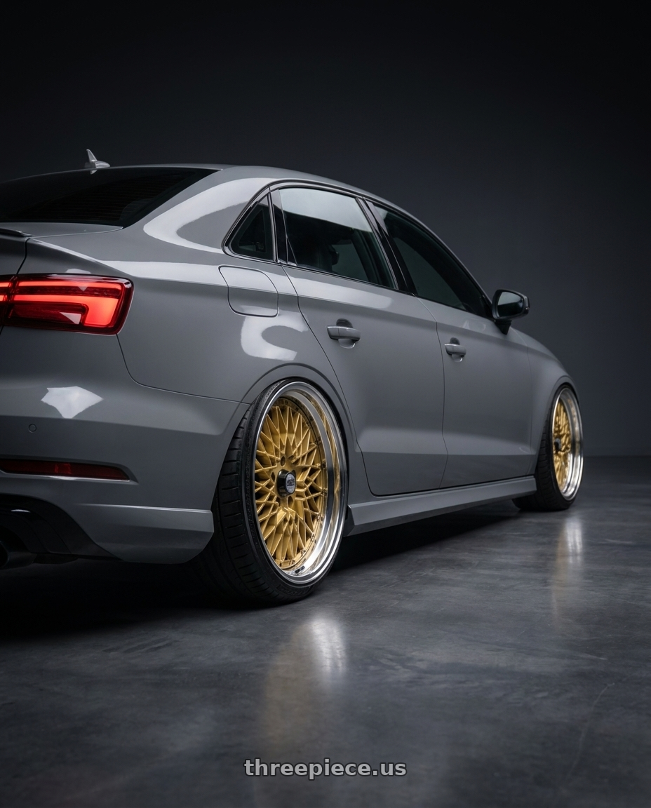 2017 Audi RS3 with SSR Formula MESH 5x112 19X11+37 SL Disk Fm Gold wheels rear three quarter view extreme stretch tires