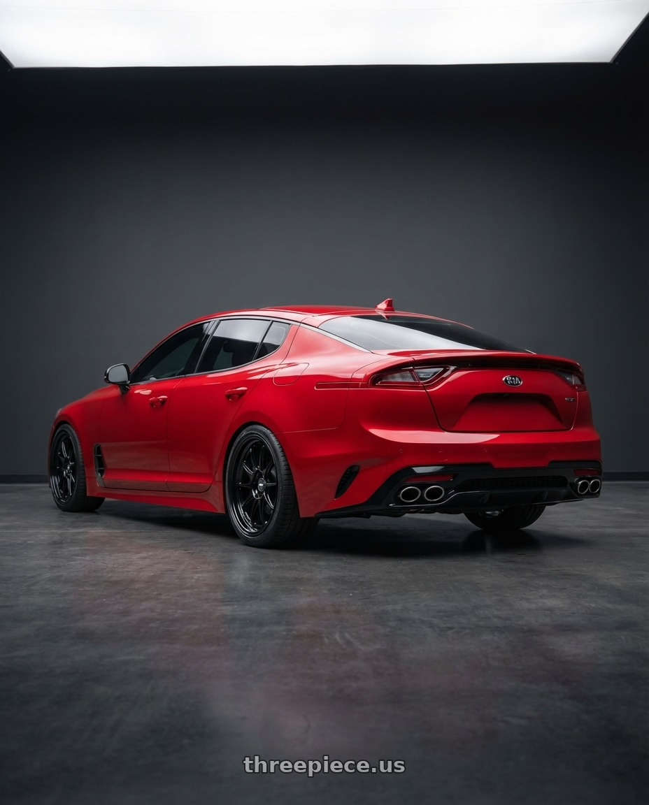 2022 Kia Stinger GT with ESR Wheels CS SERIES CS8 5x114.3 19x9.5 +35 Gloss Black wheels rear three quarter view square tires