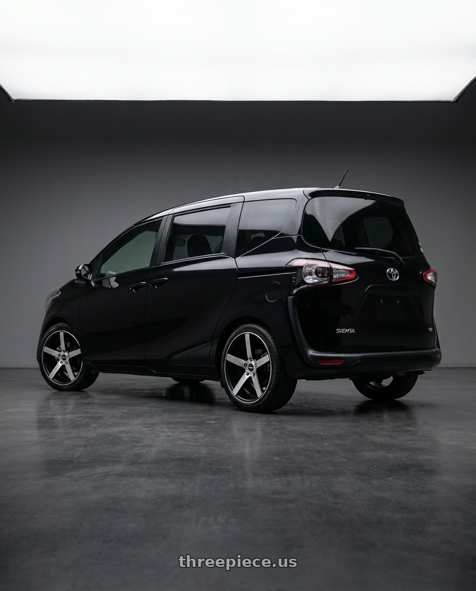2016 Toyota sienta  with Strada Perfetto 5x100/5x114.3 17x7.5 +35 Gloss Black Machined wheels rear three quarter view square tires