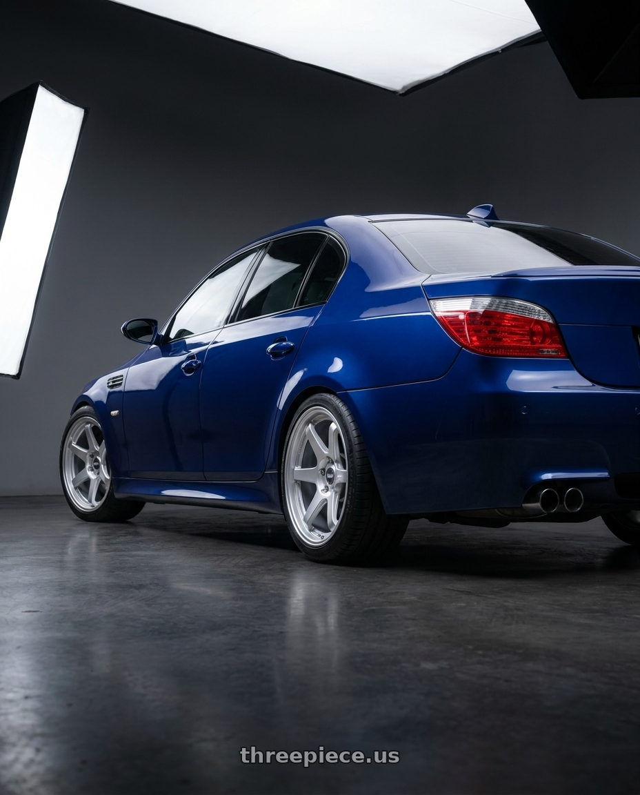 2010 BMW M5 E60 with ESR Wheels APEX SERIES AP6 5x120 19x9.5 +35 Hyper Silver wheels rear three quarter view square tires