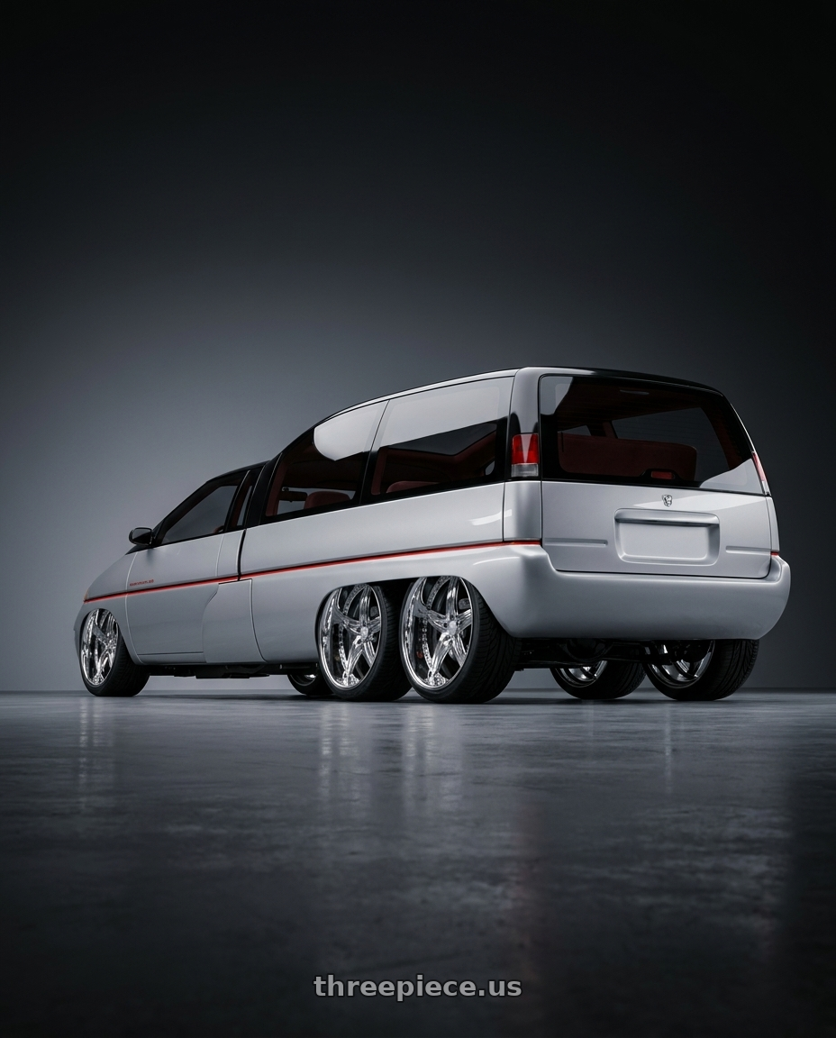 1999 Dodge Caravan with DUB 1PC TANGO 5x127 26x10 +5 Chrome wheels rear three quarter view extreme stretch tires