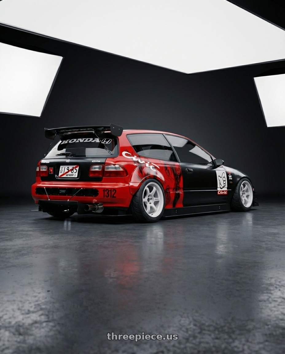 1993 Honda Civic eg5 with Gram Lights 57D Mark-II 4x100 15x8.0+13 White wheels rear three quarter view meaty tires