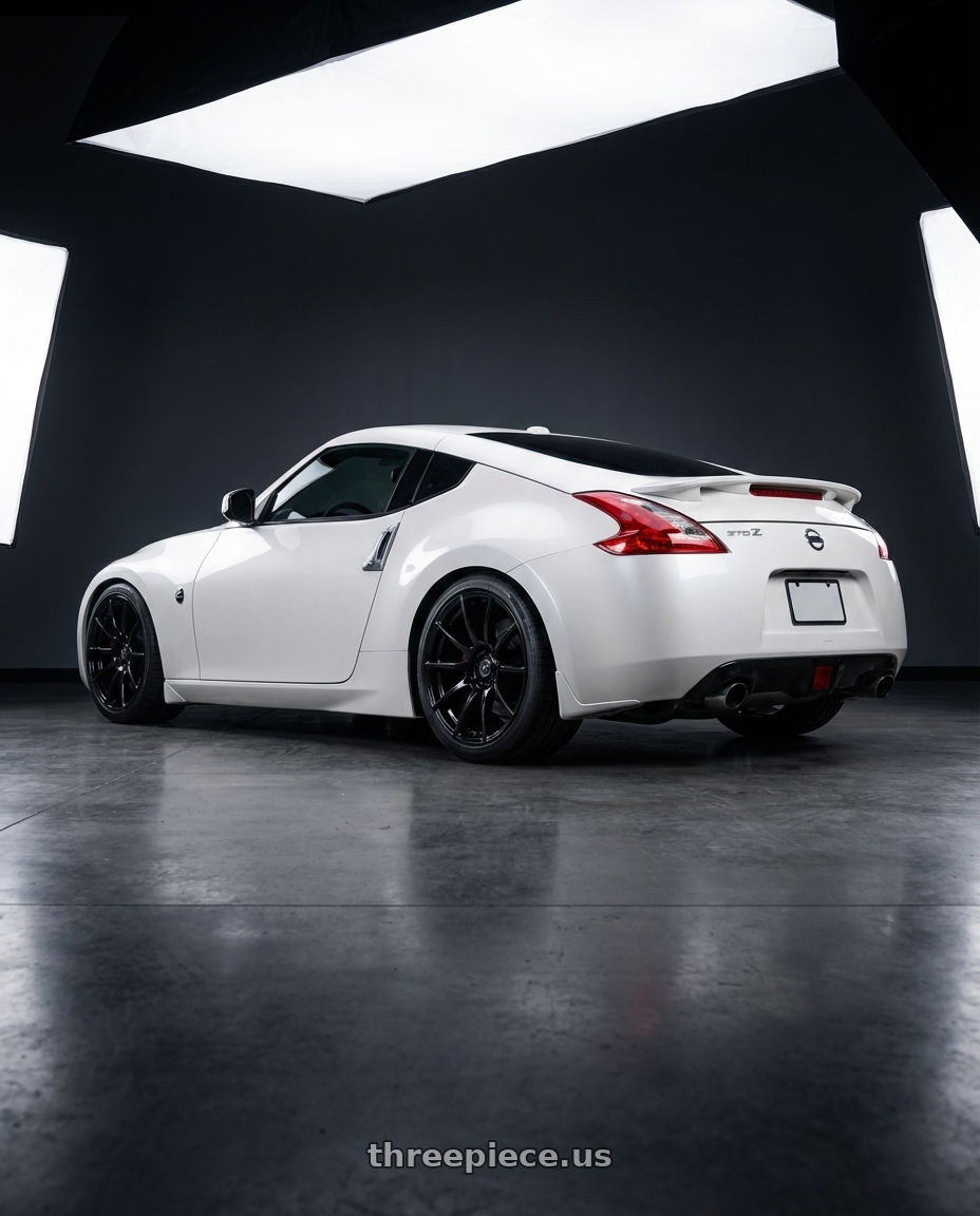 2019 Nissan 370Z with Forgestar CF10 5x114.3 19x10 +42 Gloss Black wheels rear three quarter view square tires