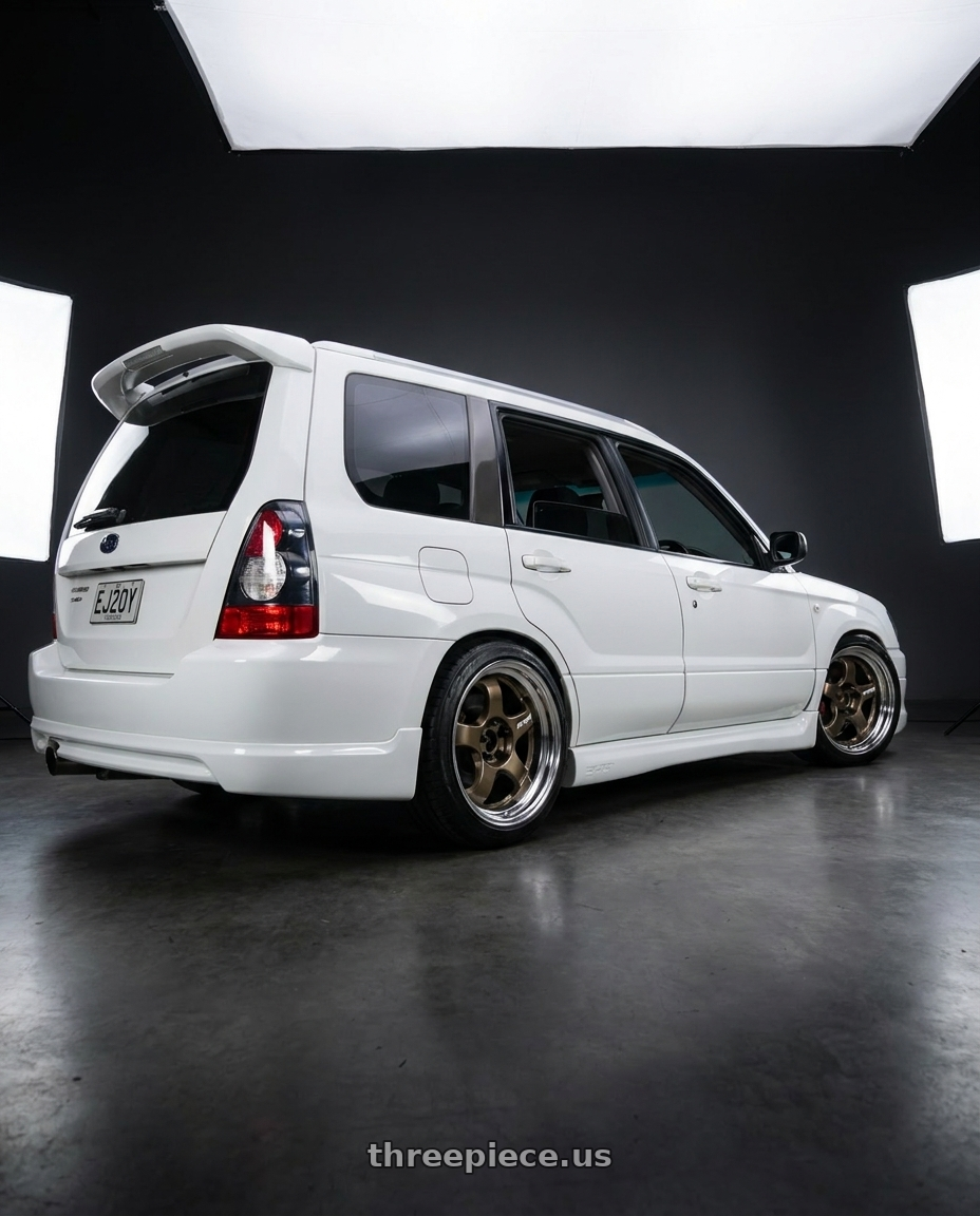 2002 Subaru forester with Work Meister S1 2P 5x100 15x6.5+45 A Disk Titanium Gold wheels rear three quarter view slight stretch tires