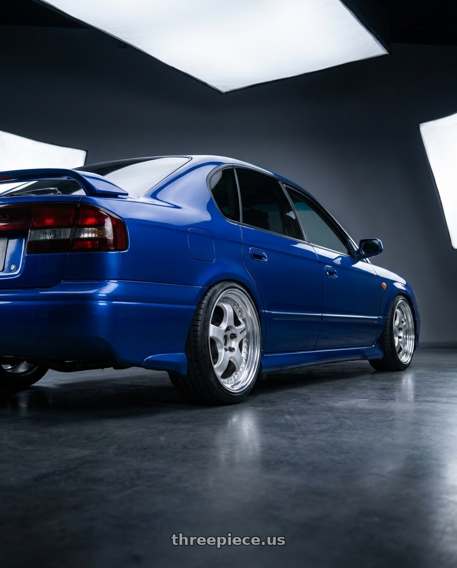 2000 Subaru legacy b4 RSK with Work Meister S1 3P 5x100 17x7.5+42 W Disk Silver wheels rear three quarter view square tires