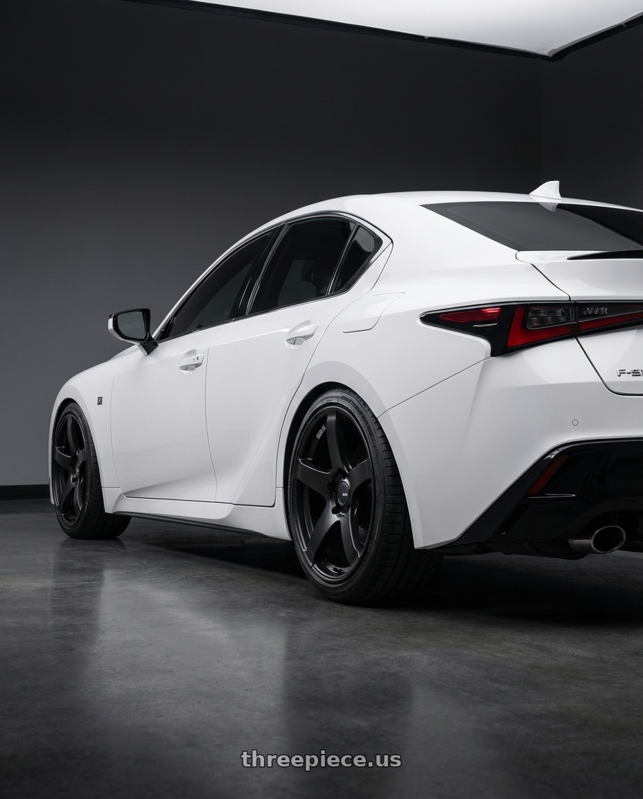2024 Lexus IS 350 with Ssr Gtv01 5x114.3 19x8.5+38  FLAT BLACK wheels rear three quarter view square tires