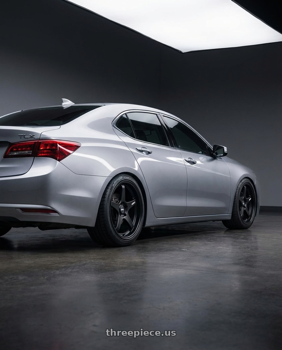 2019 Acura TLX with ESR Wheels APEX SERIES AP5 5x114.3 19x9.5 +22 Matte Black wheels rear three quarter view square tires