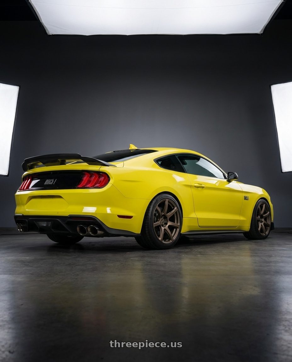 2021 Ford Mustang Mach 1 with Work Emotion T7r 5x114.3 19x9.5 +25 Matte Bronze wheels rear three quarter view square tires