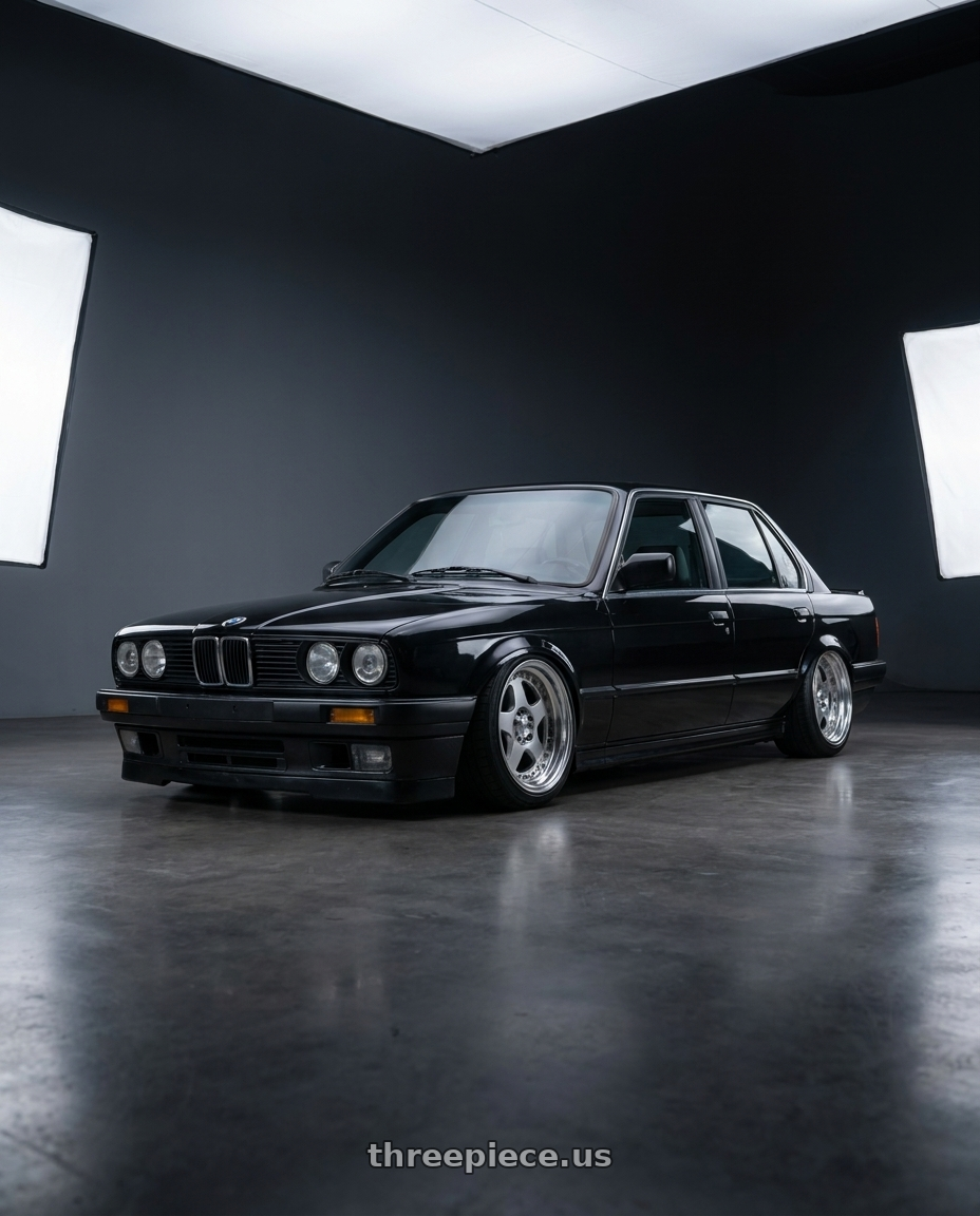 1989 bmw e30 with FORMULA AERO MESH 4x100 16X8+26 NR Disk Titan Silver wheels