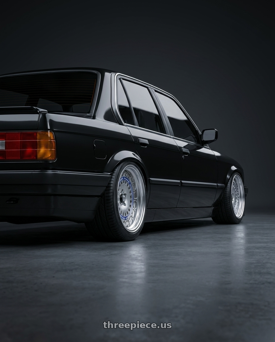 1989 bmw e30 with FORMULA AERO MESH 4x100 16X8+26 NR Disk Titan Silver wheels rear three quarter view square tires
