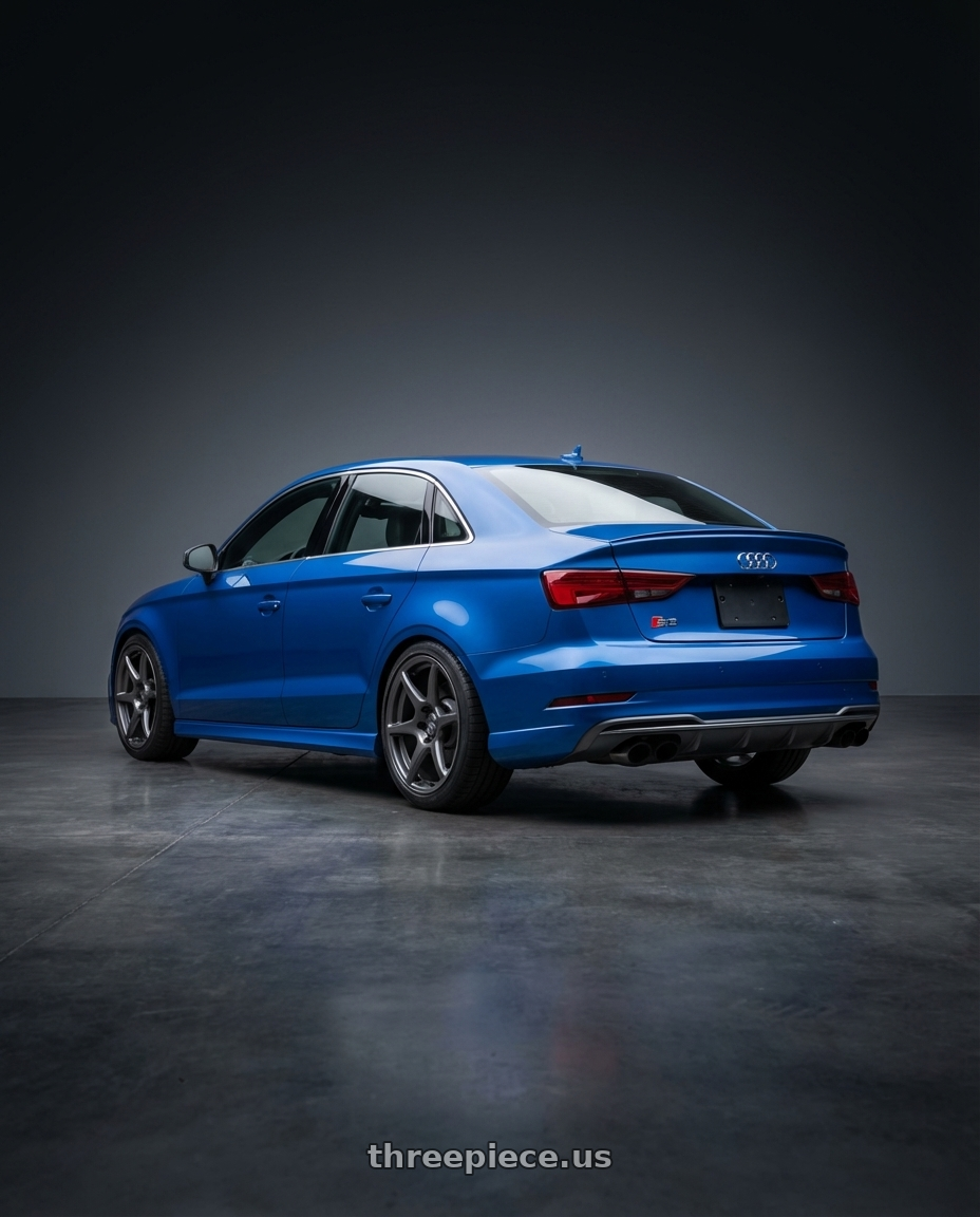 2019 Audi S3 8V with Kansei K11G Tandem 5X112 18x8.5 35 Gunmetal wheels rear three quarter view square tires