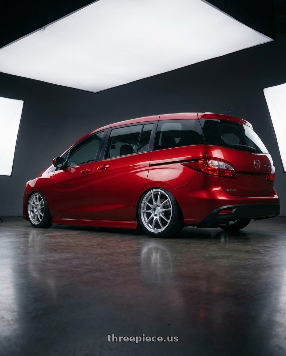 2015 Mazda 5 with Enkei PF01 5x114.3 18x8.5+35 Silver wheels rear three quarter view slight stretch tires
