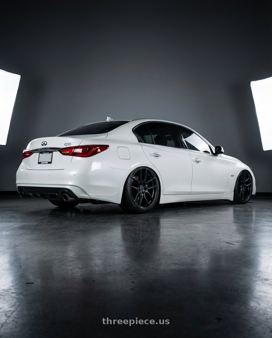 2020 Infiniti Q50 with Aodhan AFF1 5x114.3 20x9+32 Matte Black wheels rear three quarter view slight stretch tires