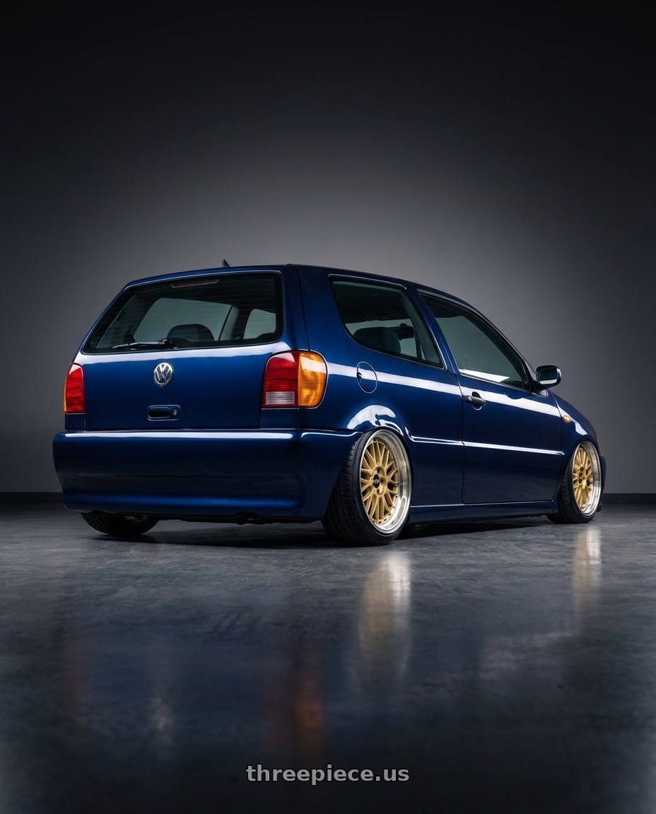 1997 Volkswagen Polo with BBS LM 5x114.3 17x7.5+38 Gold wheels rear three quarter view slight stretch tires