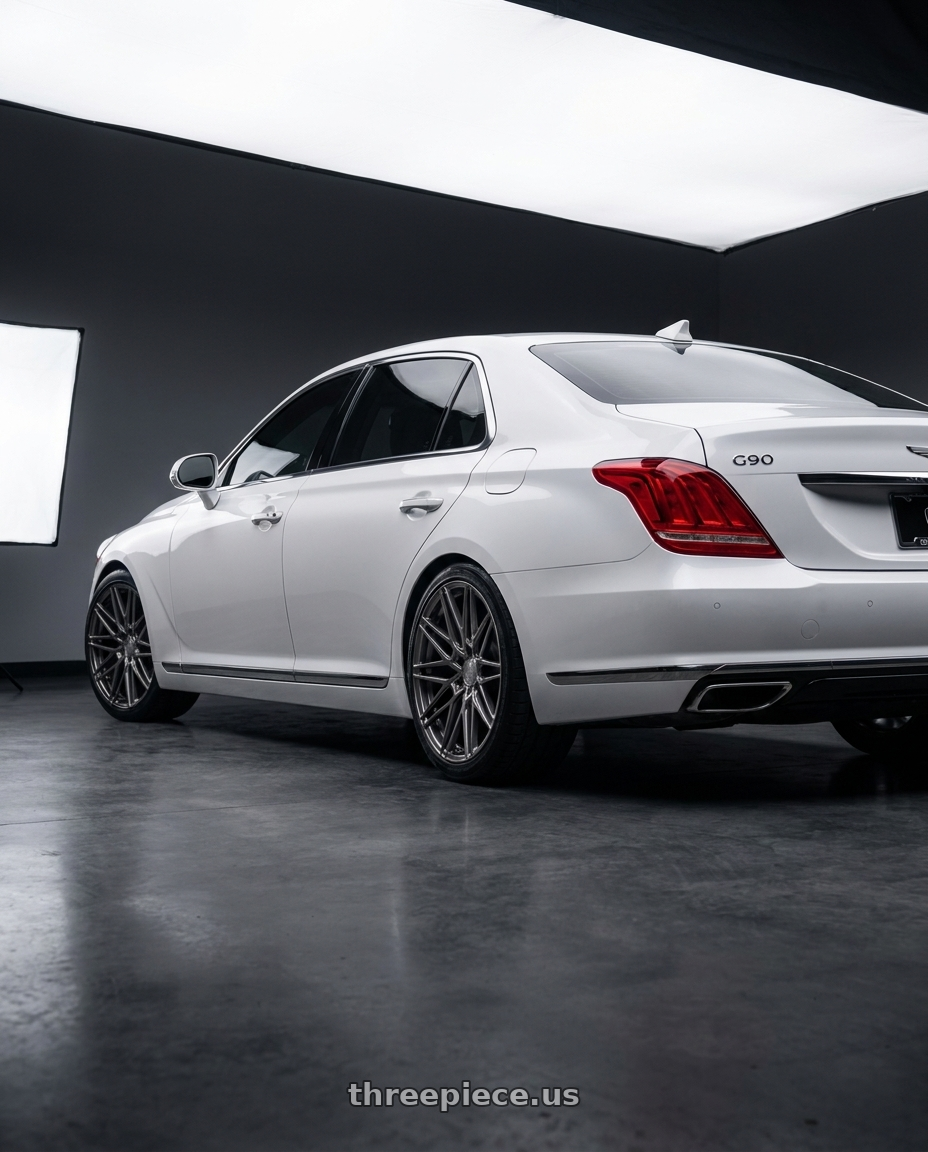 2018 genesis g90 ultimate with Axe CF1 5x114 20X10.5+42 CARBON wheels rear three quarter view square tires