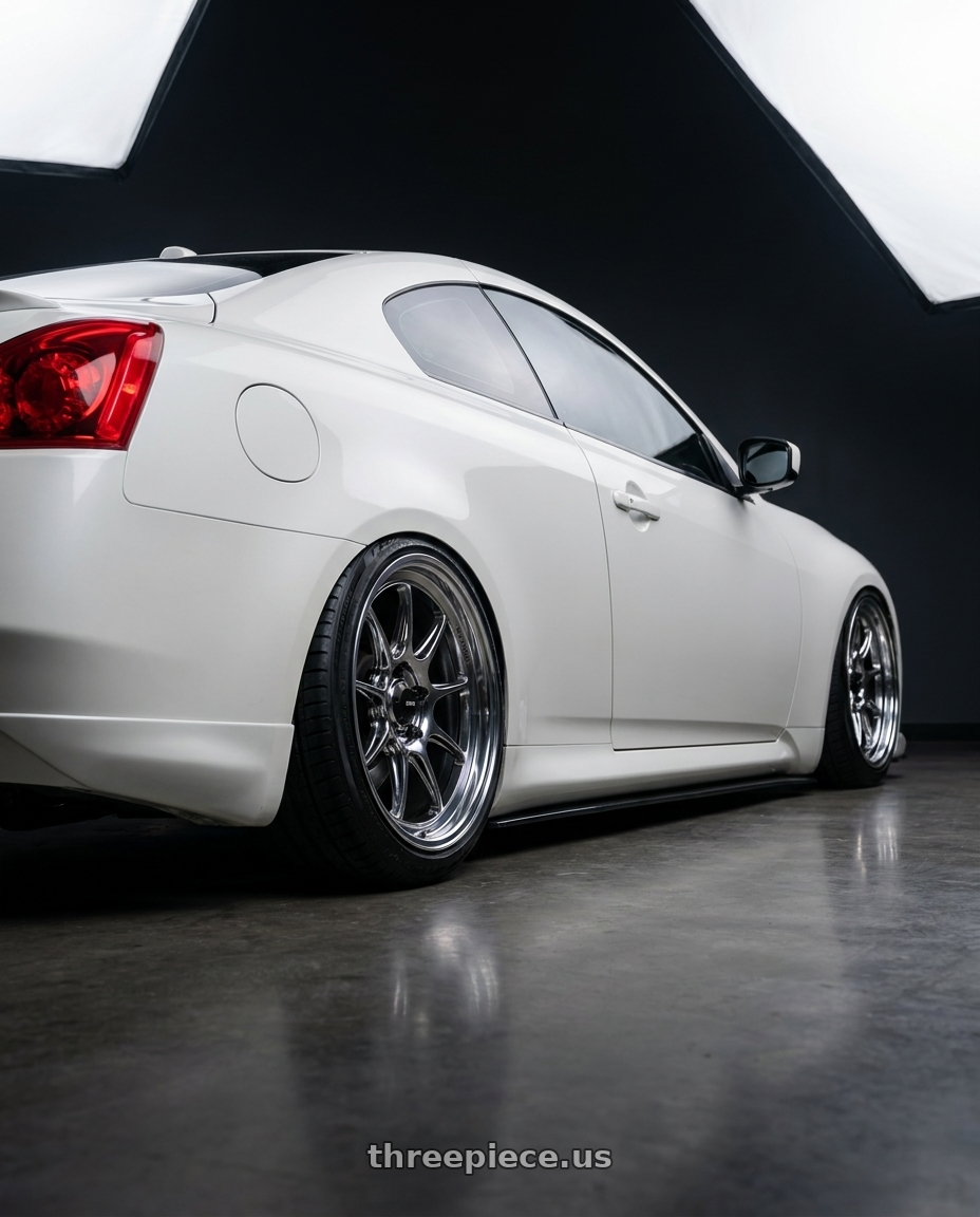 2014 Infiniti G37 Coupe with Konig Countergram 5x114.3 19x11+18 Hyper Chrome / Machined Lip wheels rear three quarter view slight stretch tires