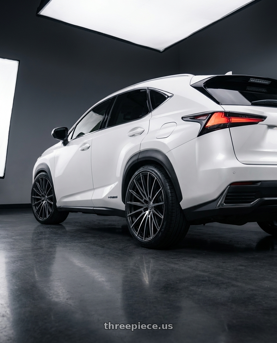 2019 Lexus NX with Arvano ART-2 6x135 20x9 +12 Gloss Black & Brushed Double Dark Tint wheels rear three quarter view slight stretch tires