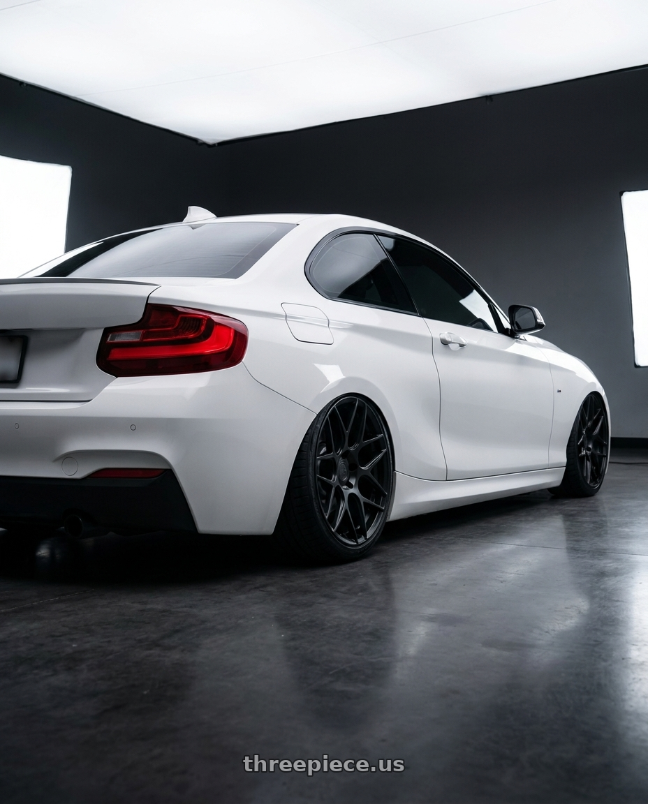 2018 BMW 2 Series F22 with Aodhan AFF2 5x120 19x8.5+35 Matte Black wheels rear three quarter view slight stretch tires