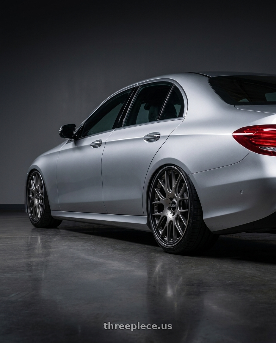2022 Mercedes E class with BBS CH-RII 5x120 20x10.5 +35 Satin Platinum Center Black Lip SS Rim Prot wheels rear three quarter view slight stretch tires