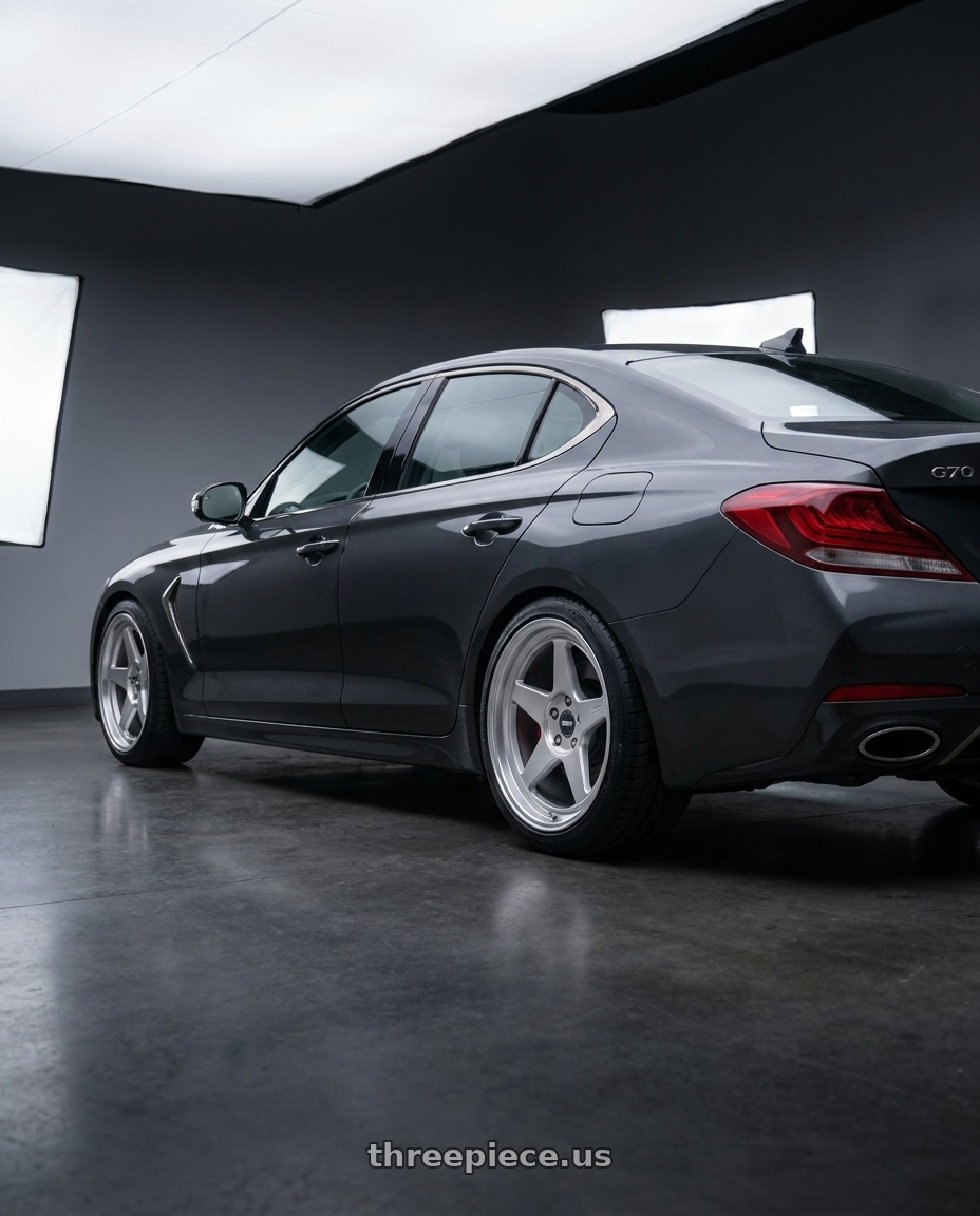 2019 Genesis G70 with ESR Wheels CR SERIES CR5 5x100 18x8.5 +30 Hyper Silver wheels rear three quarter view slight stretch tires