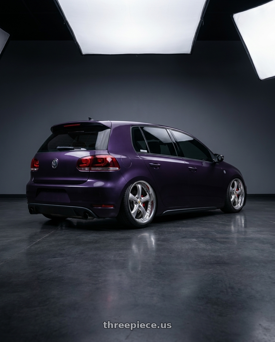 2013 Volkswagen Golf GTI with Work Wheels VS-KF 5x112 18x9.5+39 Light Grey Silver R Disk FULL REVERSE wheels rear three quarter view slight stretch tires