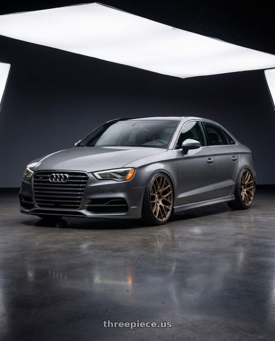 2015 Audi S3 with Work Emotion m8r 5x112 19x8.5 +30 Matte Bronze wheels front three quarter view lowered stance